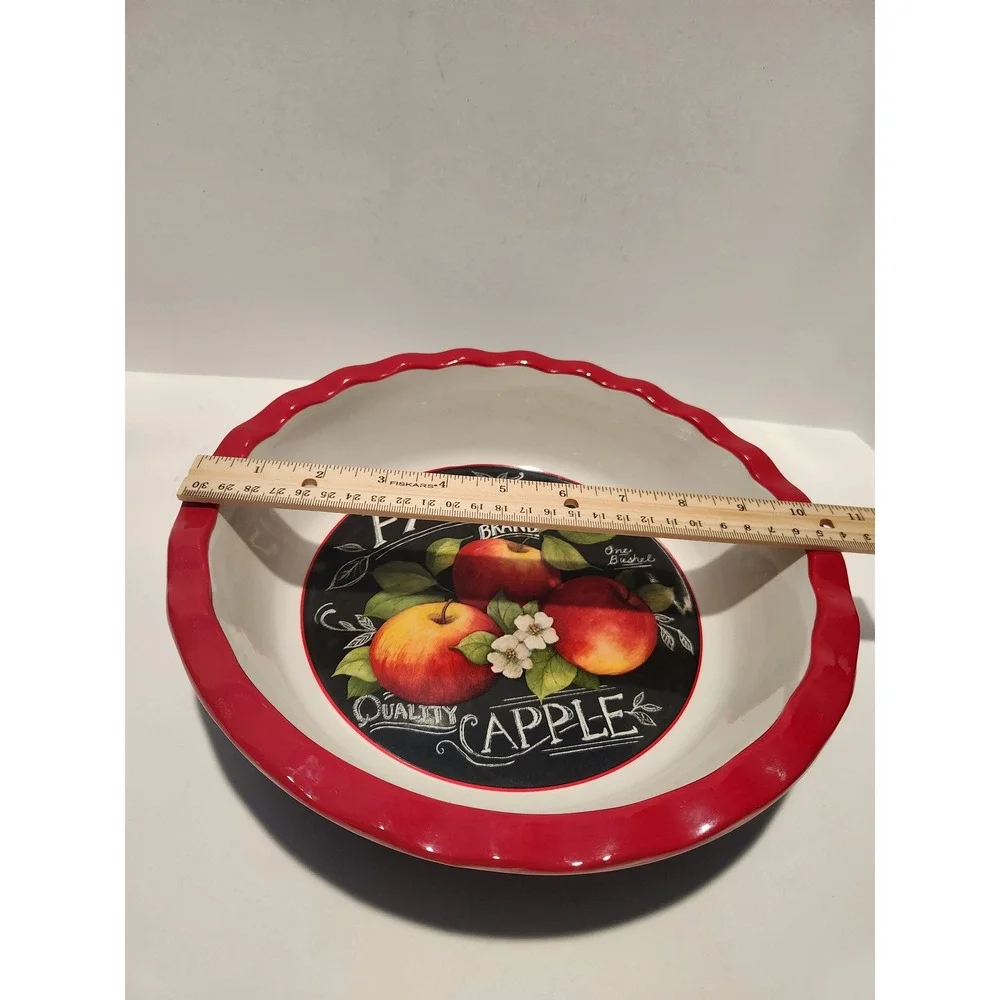 Cracker Barrel Fancy Brand Apple Ceramic Pie Dish Red‎ Ruffled Rim Black 10.5 in